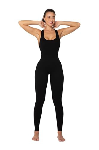 Sunzel Womens Sleeveless Body Suit with Butt Scrunch Leggings and Built-in Pad Seamless Ribbed Sexy Racer Back Jumpsuit (25" Inseam, Medium, Black)