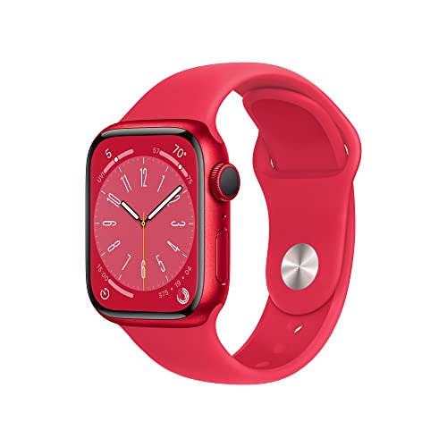 Apple Watch Series 8 [GPS 41mm] Smart Watch w/ (Product) RED Aluminum Case with (Product) RED Sport Band - M/L. Fitness Tracker, Blood Oxygen & ECG Apps, Always-On Retina Display, Water Resistant