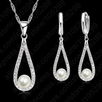 Pure 925 Sterling Silver Shiny CZ Crystal Water Drop Pearl Necklaces For Woman Fine Jewelry Wedding Earring Set Gift