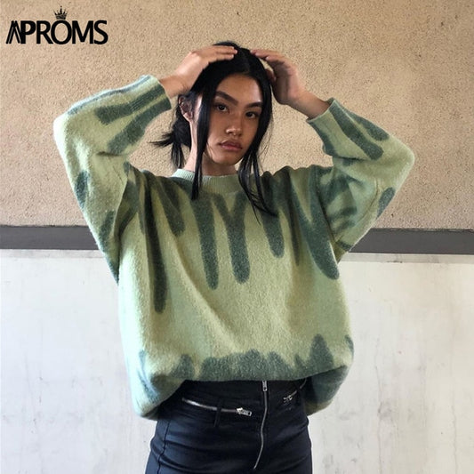 Aproms Elegant Green Striped Print Oversized Pullovers Women Winter O-Neck Loose Long Sweaters Streetwear Warm Outerwear 2020