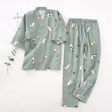 2PCS Japanese Lover Clothing Set Kawaii Printed Kimono Yukata Cotton Steaming Wear Pajamas Man Woman Bathrobe Nightgown