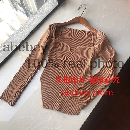 2021 new spring and summer fashion women clothes cashmere sqaure collar full sleeves elastic high waist sexy pullover WK080